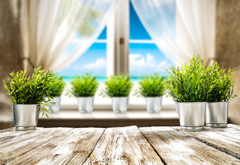 Wooden table of free space for your decoration. Small plant and summer window with sea landscape and beach. 