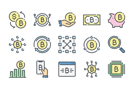 Bitcoin related color line icon set. Cryptocurrency colorful linear icons. Crypto money flat color outline vector sign collection.