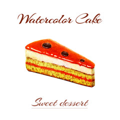 Hand painted watercolor illustration of slice of cake. Watercolor creamy biscuit cake isolated on white background. Orange delicious creamy cake. Delicious food illustration. Great for flyer, wedding