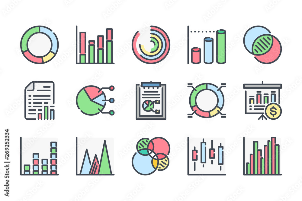 Poster chart and graph related color line icon set. analytics colorful linear icons. report flat color outl
