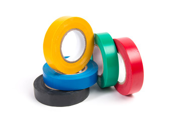 Rolls of colored insulating tape isolated on white background