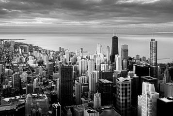 Panoramic black and white view of Chicago during a sunset