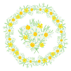 Floral summer elements with cute bouquets of daisies and wildflowers. Stylized wreath of daisies and floral elements. Round floral elements for your greeting cards, design, wedding announcements.