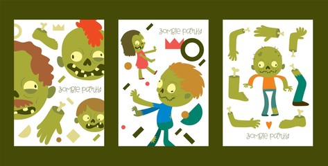 Fototapeta premium Cartoon zombie vector pattern halloween scary monster character spooky boy girl illustration backdrop of horror evil dead green creepy man grasping background banner set