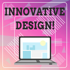 Word writing text Innovative Design. Business photo showcasing application of better solutions that meet new requirements Open Modern Laptop Switched On with Website Homepage on Screen Web Search