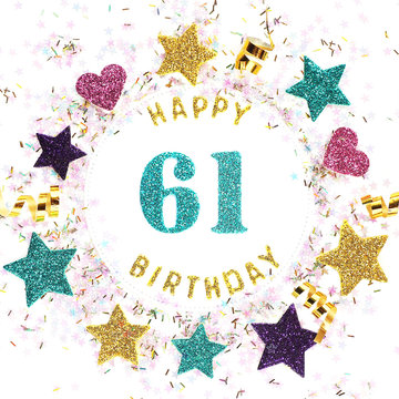 Postcard square format with the inscription "happy 61th birthday", stars, glitter, serpentine...