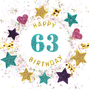Postcard square format with the inscription "happy 63th birthday", stars, glitter, serpentine..