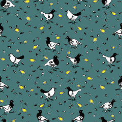 Seamless pattern funny black\white pigeons and seeds yelow on indigo backround