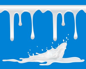 Flowing and splash white color set. Yogurt or milk realistic texture splashes. Spilled sour cream isolated on a blue background.