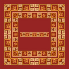 Frames in ethnic style. Artistic decorative design element. Golden ornament on a red background