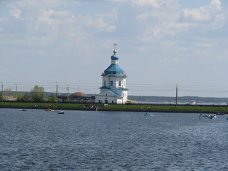 cityscape overlooking the church and the bay in Chuvashia