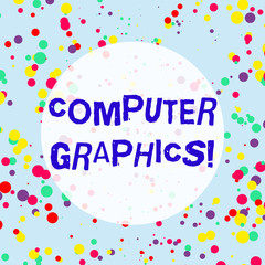 Handwriting text Computer Graphics. Conceptual photo visual representations of data displayed on a monitor Multicolored Confetti Round Inkblots Randomly Scattered Blue Background