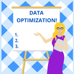 Conceptual hand writing showing Data Optimization. Concept meaning process that prepares the logical schema from data view Female in Glasses Standing Whiteboard on Stand Presentation