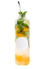 Summer lemonade bottles with lemon, strawberry. orange, cucumber, pomegranate, grapefruit .mint beverage cocktail isolated on white background