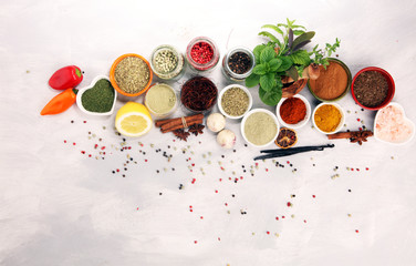 Spices and herbs on table. Food and cuisine ingredients with basil