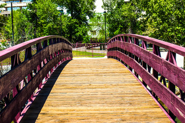 Fototapeta na wymiar Walking Bridge Over River In Park Setting