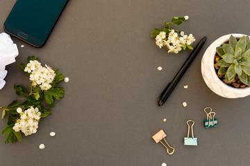 Smartphone mock up and spring flowers frame. Spring background with mobile phone. Copy space.