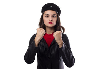 Young pretty woman Ernesto Che Guevara cosplay.