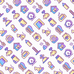 Cat shop seamless pattern with thin line icons: bags for transportation, hygiene, collars, doors, toys, feeders, scratchers, litter, shack, training. Modern vector illustration.
