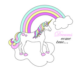 Vector unicorn and rainbow isolated on white background. Dreams come true theme. 
