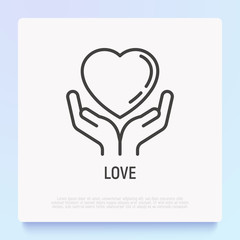 Heart in human hands thin line icon. Modern vector illustration of love, support, medical help or charity.