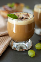 Coffee cold drink with vanilla ice cream and espresso. Deliciouse summer refreshing drink in glass.