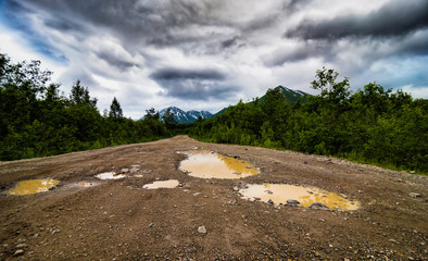 The dirt road and view in Kamchatka Peninsula