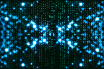 Blue green matrix digital background. Abstract cyberspace concept. Green characters fall down. Matrix from symbols stream. Virtual reality design. Complex algorithm data hacking. Cyan digital sparks.