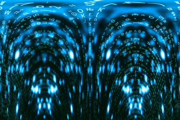 Blue green matrix digital background. Distorted cyberspace concept. Green characters fall down. Matrix from symbols stream. Virtual reality design. Complex algorithm data hacking. Cyan digital sparks.