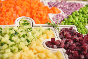 Delicious fresh pieces of vegetables of carrots, cucumber, potatoes, beets and peas close-up with fresh onion and olive oil on a bag cloth on a rustic gray table.