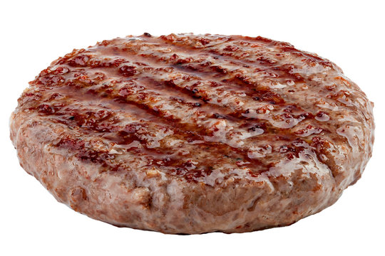 grilled hamburger meat isolated on white background, clipping path, full depth of field