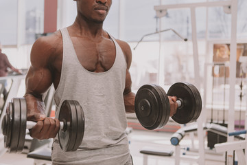 Cropped shot of a muscular African man with athletic strong body working out with dumbbells. Ripped male bodybuilder doing biceps exercises with weights, copy space