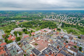 Aerial drone view on Zamosc old town and city main square with town hall