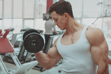 Fototapeta na wymiar Attractive muscular sexy sportsman with strong body lifting heavy dumbbell. Handsome athletic fitness man working out at the gym, lifting weights