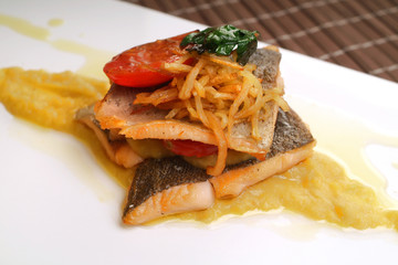 Italian food recipes, trout fillet with chickpeas cream.
