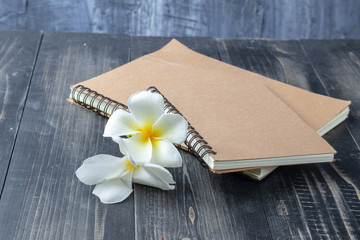 close up of notebook and Plumeria flower