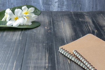 close up of notebook and Plumeria flower