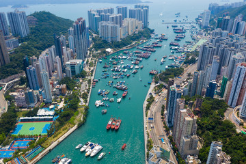 Fototapeta na wymiar Top down view of Hong Kong fishing harbor port