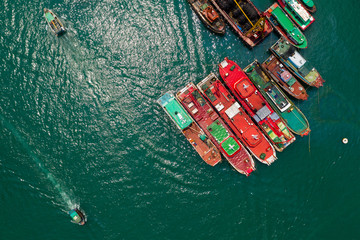 Fototapeta na wymiar Top down view of fishing boat on the sea in Hong Kong