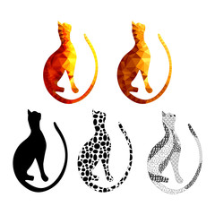 Set of cat vectors with different styles isolated on white. Black cat silhouette isolated on white. Zen art cats and low poly cats isolated on white background. Set of objects.