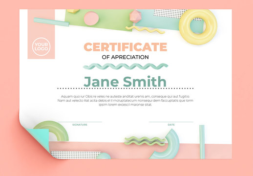 Memphis Style Certificate Layout with Pastel 3D Geometric Elements