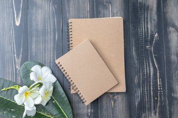 close up of notebook and Plumeria flower