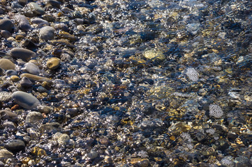 sea pebble beach with multicoloured stones, waves with foam
