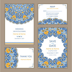 Wedding Invitation, with rsvp, save the date and thank you card Eastern style.  Arabic  Pattern. Mandala ornament. Frame with flowers elements. Vector illustration. © natalitovchenko