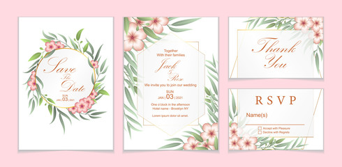Wedding Invitation Set Red Geranium Flowers and Leaves with Golden Frame. Floral Save the Date, Thank You, and RSVP Template.