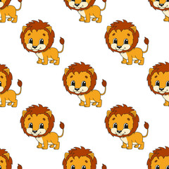Happy lion. Colored seamless pattern with cute cartoon character. Simple flat vector illustration isolated on white background. Design wallpaper, fabric, wrapping paper, covers, websites.