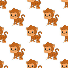 Happy monkey. Colored seamless pattern with cute cartoon character. Simple flat vector illustration isolated on white background. Design wallpaper, fabric, wrapping paper, covers, websites.