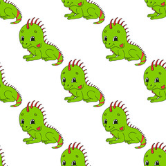 Happy iguana. Colored seamless pattern with cute cartoon character. Simple flat vector illustration isolated on white background. Design wallpaper, fabric, wrapping paper, covers, websites.