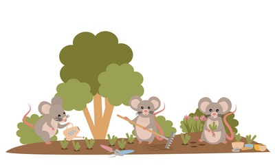 Three Cute chubby Mouse gardeners, digging the ground, planting plants and watering them. Work in the garden. Vector illustration. 2020 on the Chinese calendar