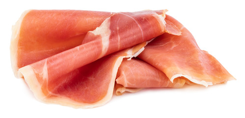 Italian prosciutto crudo or jamon. Raw ham. Isolated on white background